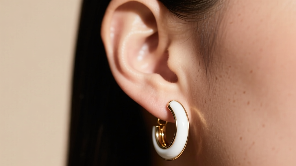 Macro shot of an ear wearing white gold huggie hoops with white ceramic inlays, soft lighting against a neutral beige backdrop.