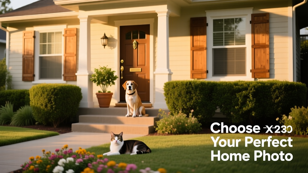 Wide-angle exterior shot of a welcoming home with front garden and clear daylight