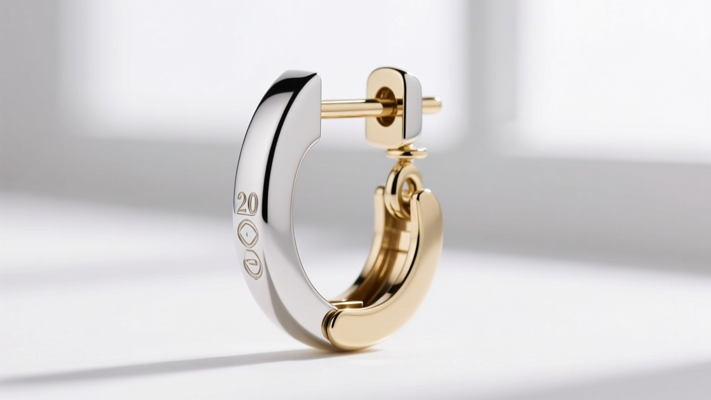 Close-up showing the tension hinge and catch mechanism of a 20-gauge white gold leverback earring against a white background