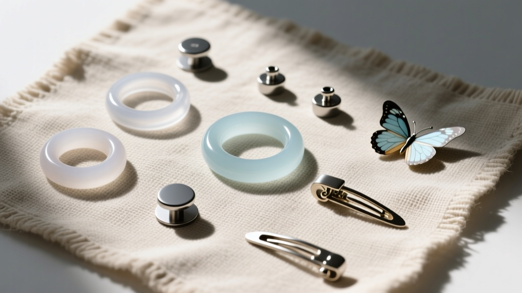 Overhead view of flat-back labrets, silicone O-rings, and butterfly clasps arranged on raw linen for a clear visual comparison.