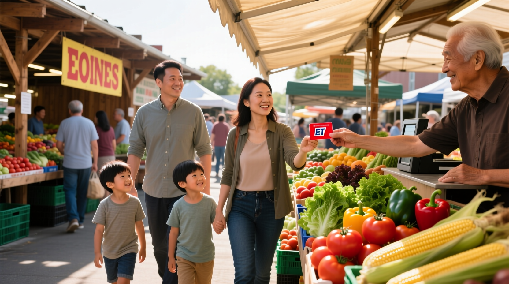 Family shopping for fresh produce with EBT card