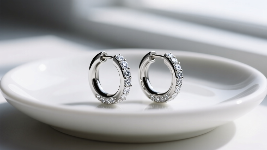 Close-up of an 18-gauge titanium huggie hoop with pave diamonds for sensitive cartilage, displayed on a minimalist white ceramic dish