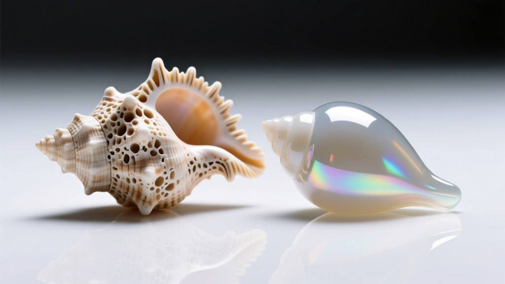 Macro shot comparing a porous natural cowrie shell to a smooth synthetic resin replica under bright, neutral studio lighting.