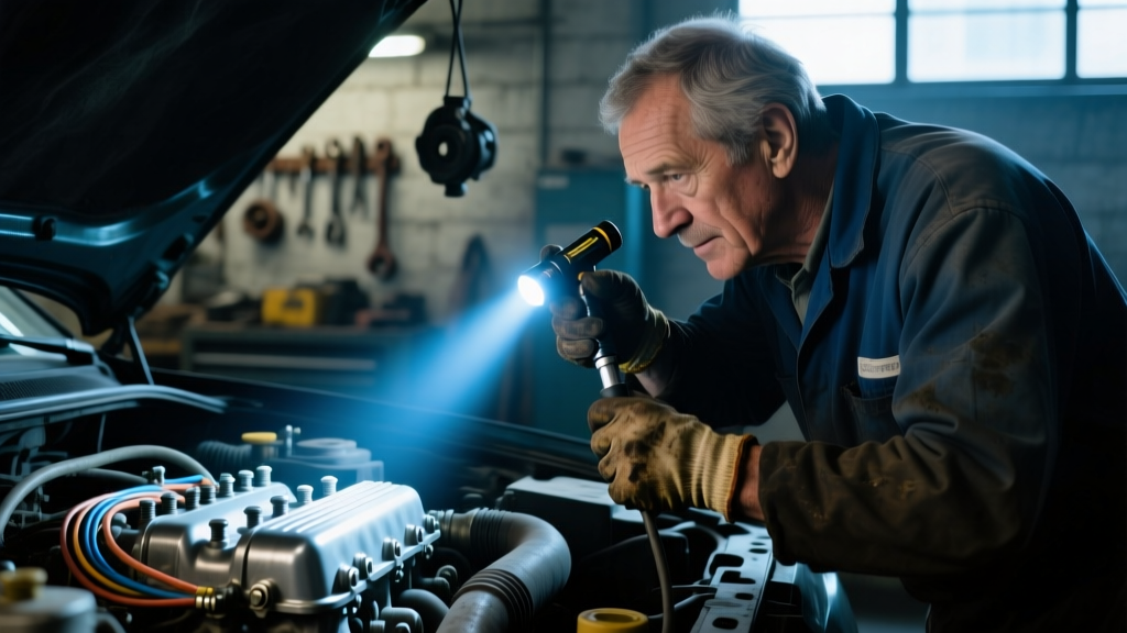 Close-up of a mechanic using a compact right-angle LED flashlight to inspect a vehicle engine bay in a dimly lit garage