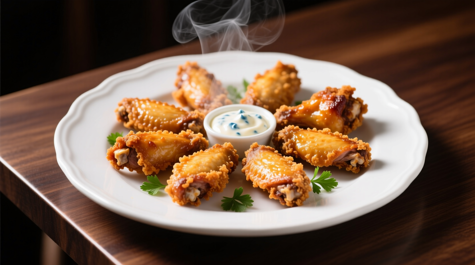 Perfectly cooked crispy hot wings on a white plate