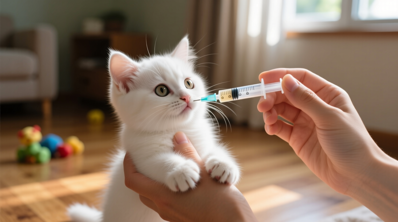Kitten being gently fed with syringe by caring hands