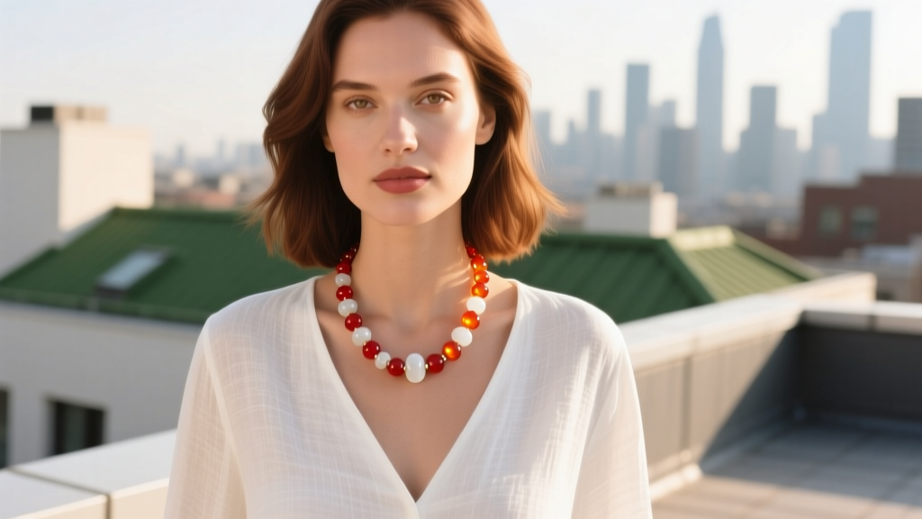 Woman wearing a layered 4mm carnelian and white agate beaded necklace over a white linen V-neck blouse in bright natural sunlight.
