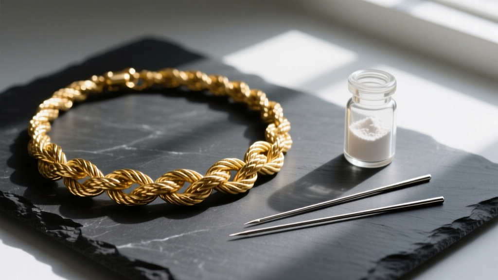 Tangled gold rope necklace on dark slate, next to two fine steel sewing needles and a small glass vial of white talc-free powder.