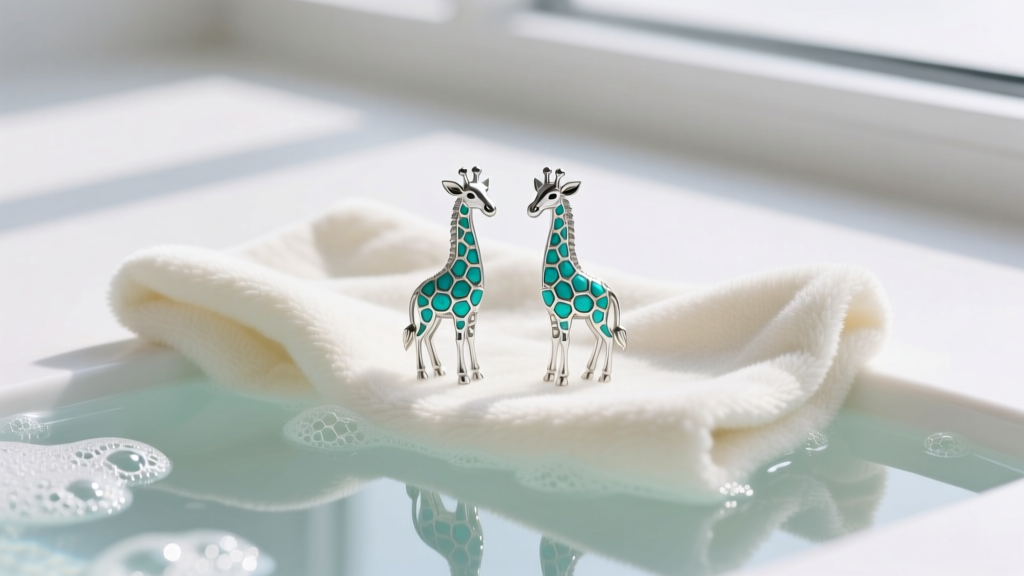 Flat lay of a soft microfiber cloth, mild soapy water, and a pair of intricate silver and turquoise giraffe drop earrings