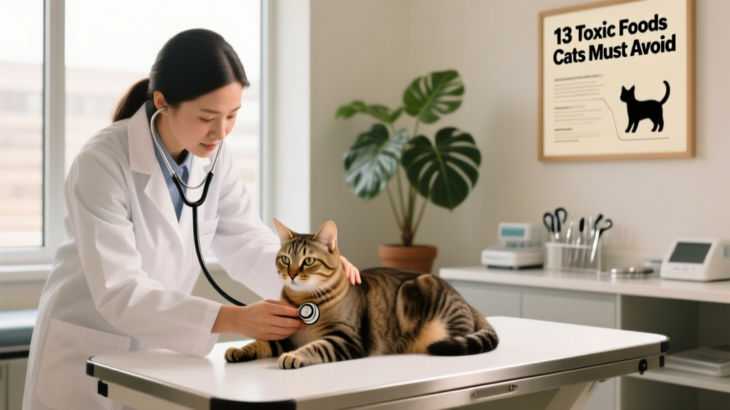 Veterinarian gently examining a calm but slightly lethargic cat in a clinic setting, with a stethoscope visible