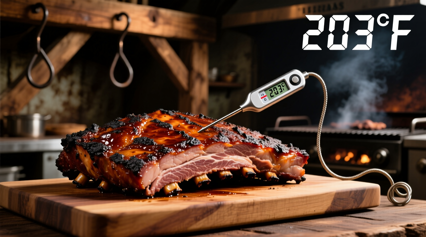Smoked brisket with probe thermometer showing internal temperature