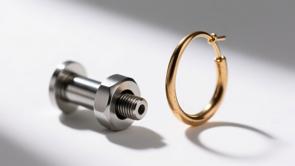 Macro shot comparing a sturdy 20-gauge steel earring post with a flimsy 22-gauge brass post on a clean white background.