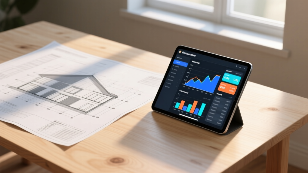 Architectural blueprints spread on a plywood table next to a digital tablet displaying a detailed construction cost estimating spreadsheet