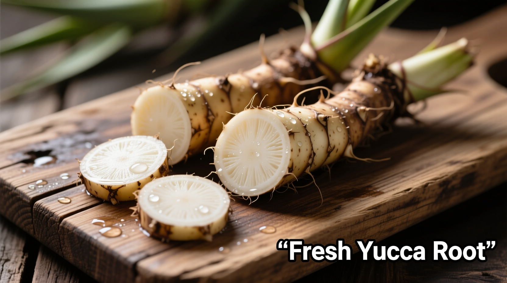 Fresh yucca root pieces showing creamy interior on wooden board