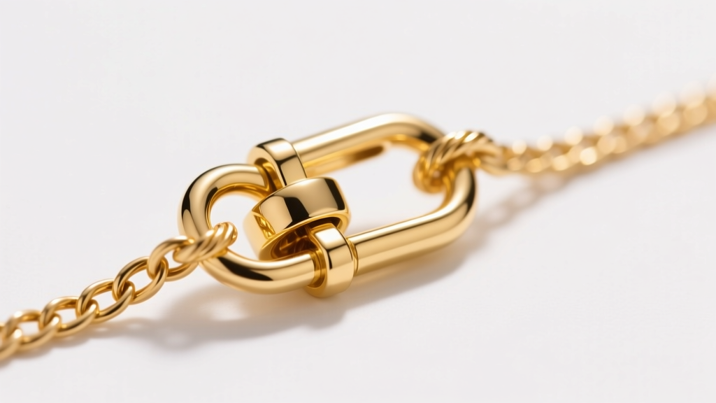 Macro shot of a polished 14k yellow gold lobster safety clasp for necklace on a delicate cable chain under bright studio lighting.