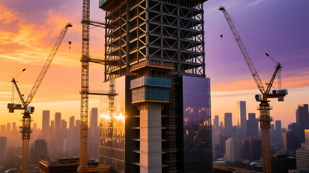 Skyscraper steel framework under construction with tower cranes and a climbing concrete core against a dense urban skyline at sunset.