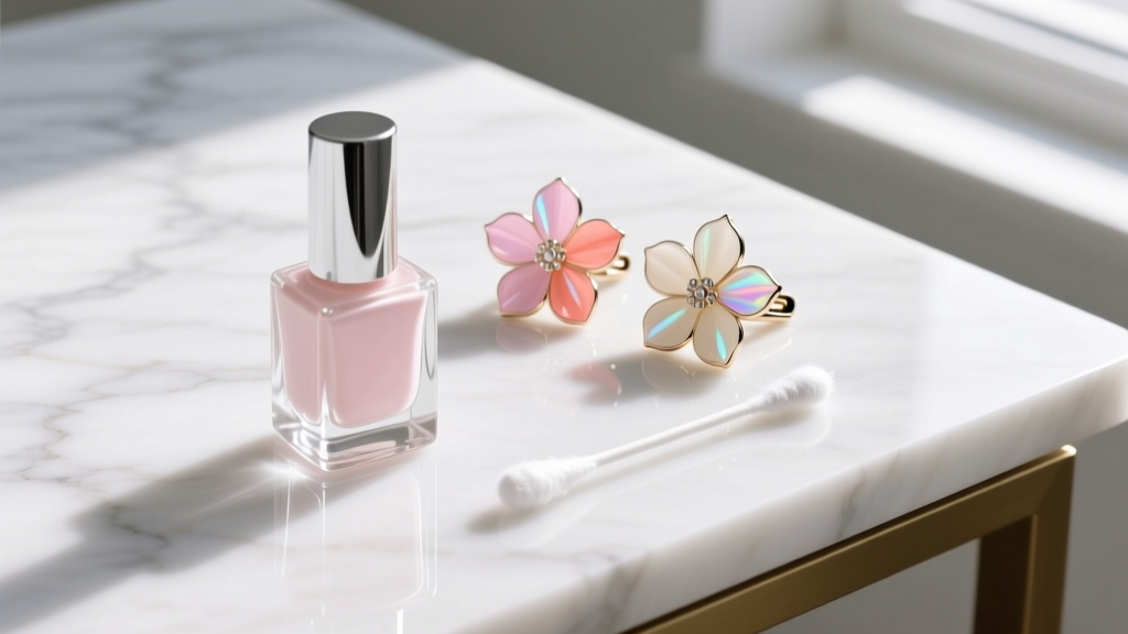 Clear nail polish bottle and cotton swab next to a pair of floral acrylic clip-on earrings resting on a bright white marble desk.