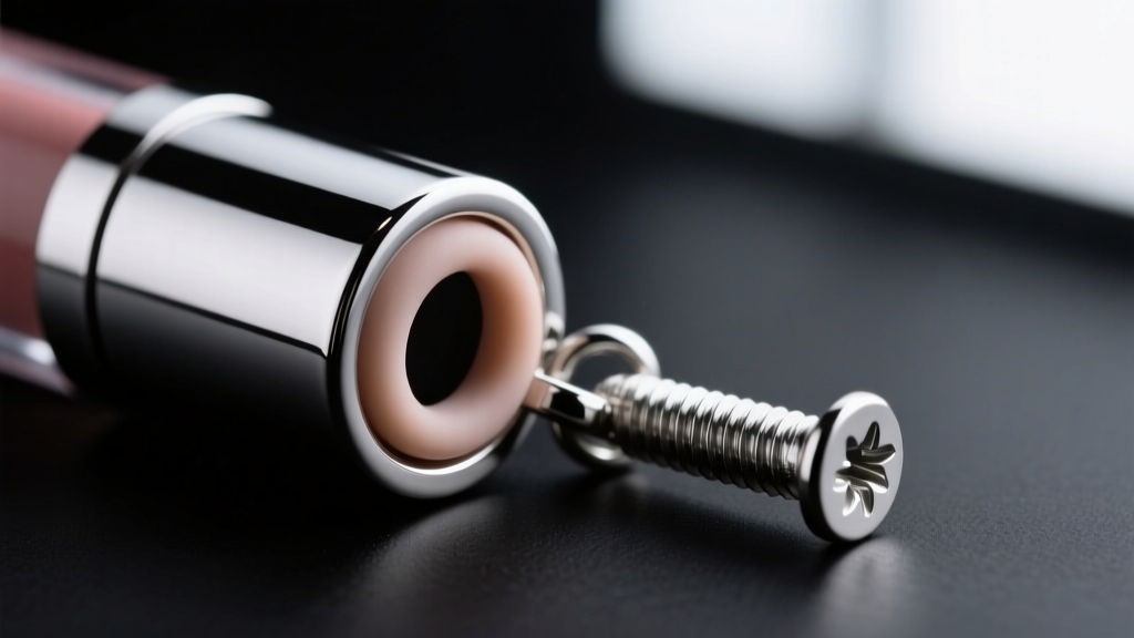 Steel lip gloss pendant cap close-up, highlighting the silicone O-ring seal and precision screw threads on a dark surface