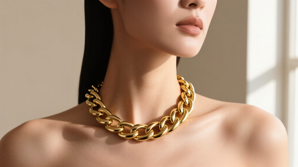 A model wearing a polished 14k gold Cuban link chain collar necklace resting snugly at the base of the neck against bare skin.