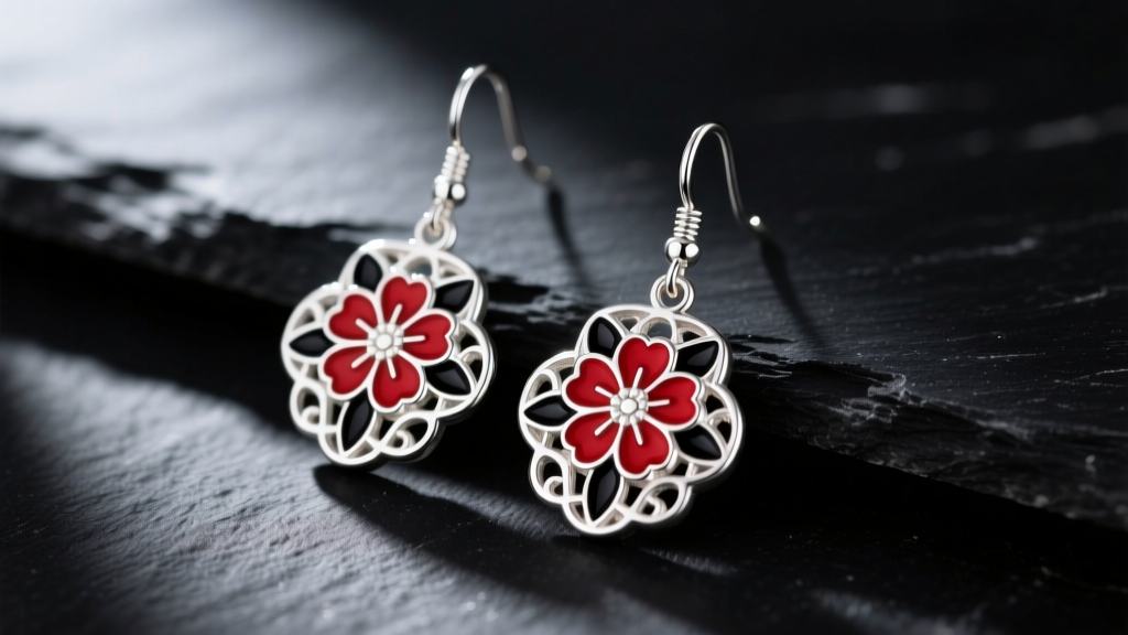 Macro shot of 925 sterling silver Tanjiro Kamado hanafuda drop earrings on dark slate with crisp red and black enamel detailing.