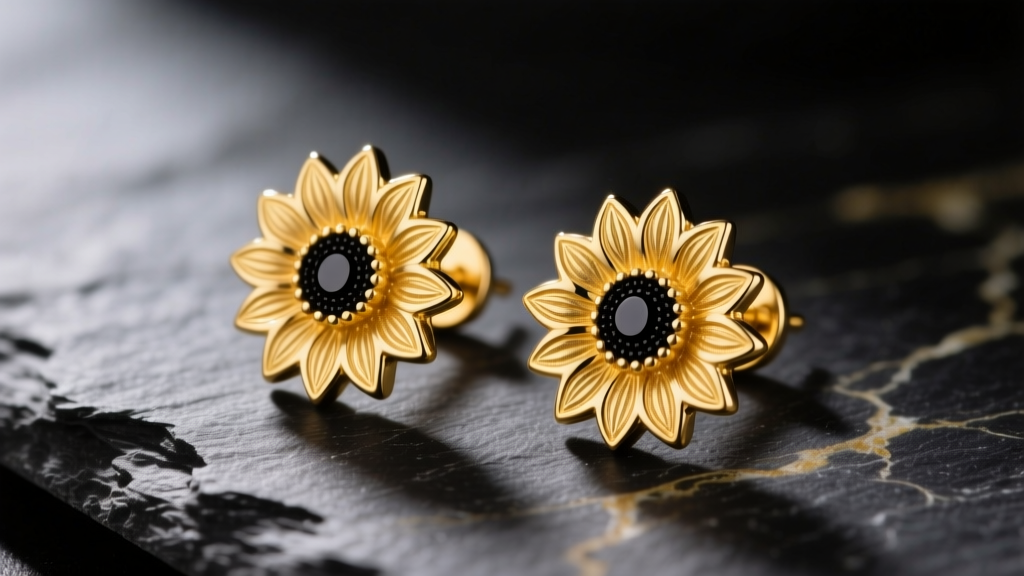 Macro shot of 14k yellow gold sunflower stud earrings with black rhodium centers on dark slate with soft directional lighting.