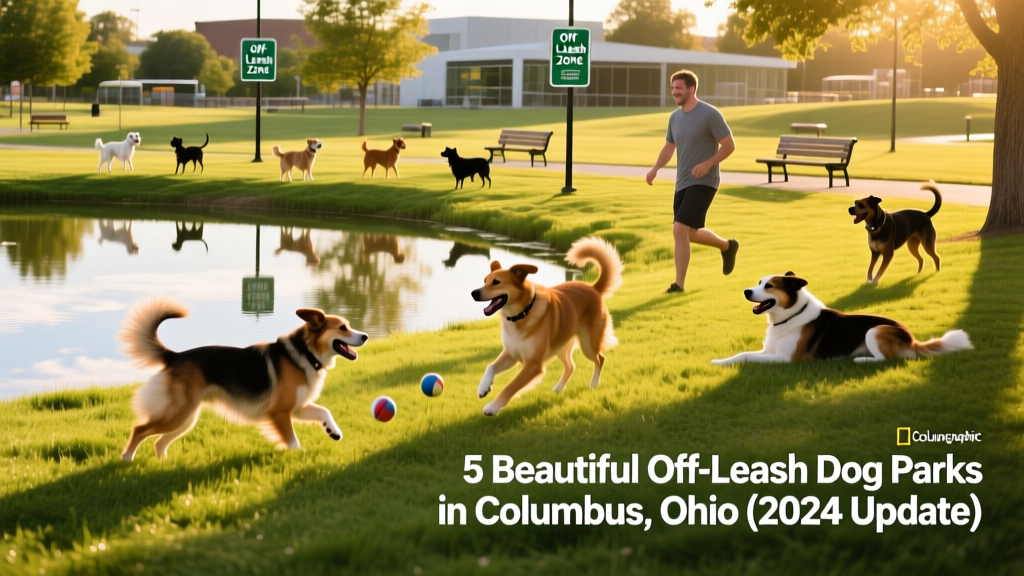 A sunny, open dog park in Columbus with lush grass, a small pond, and several dogs playing freely