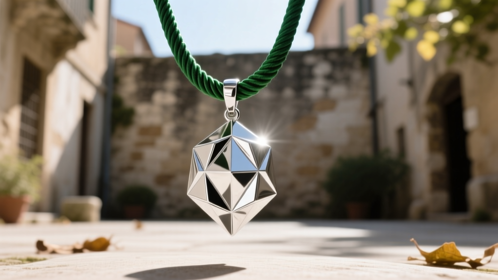 Heavy silver geometric pendant hanging from a thick 2mm olive green silk cording necklace, photographed from a low angle outdoors