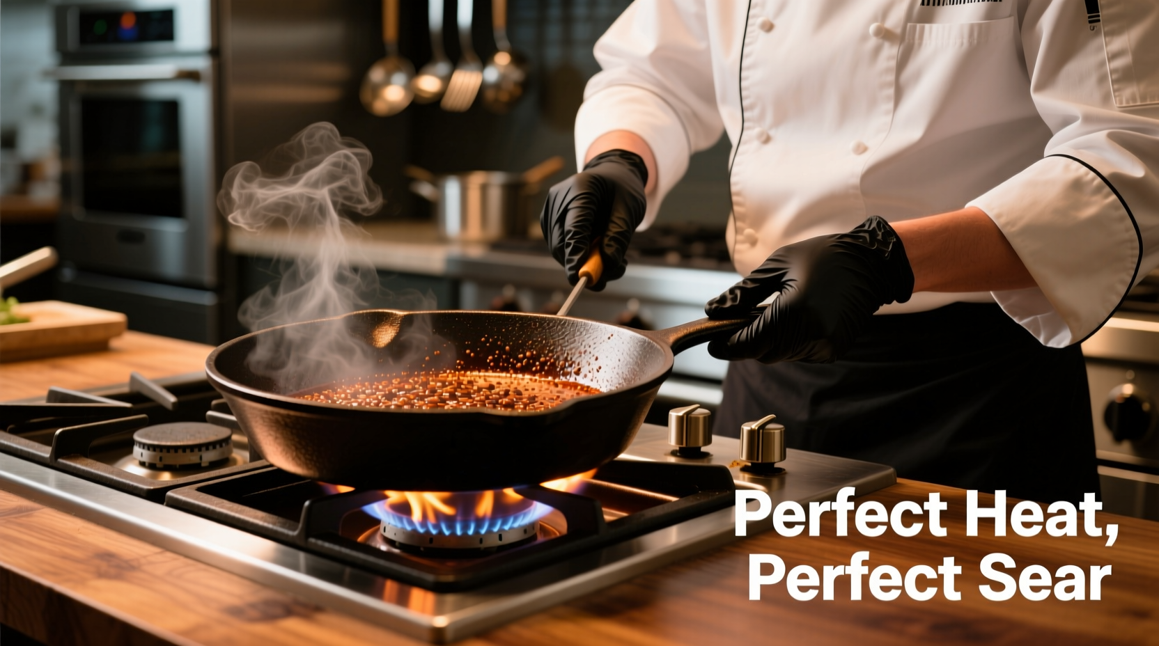 Chef properly preheating cast iron skillet on gas stove