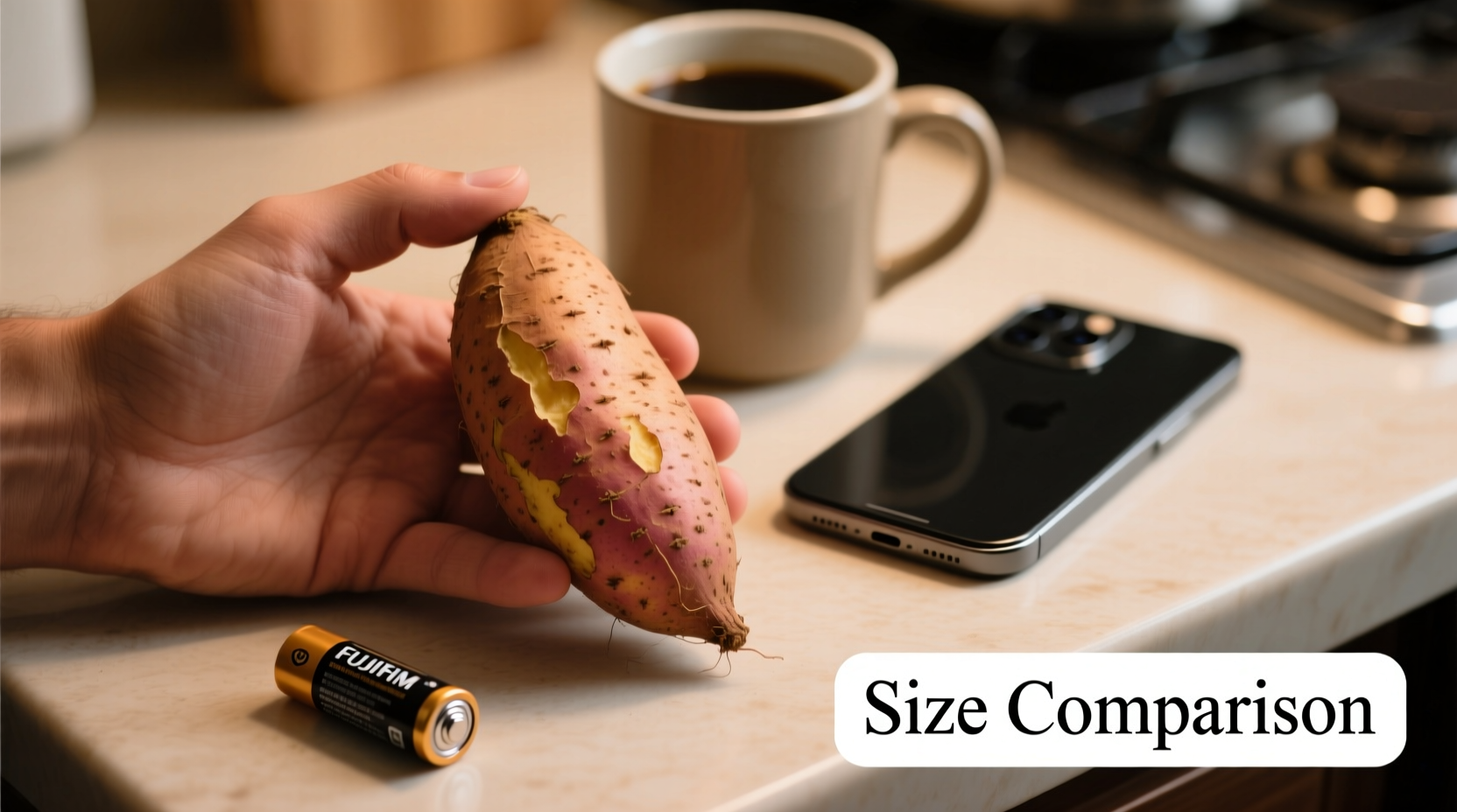 Hand holding medium sweet potato next to common household objects for size comparison