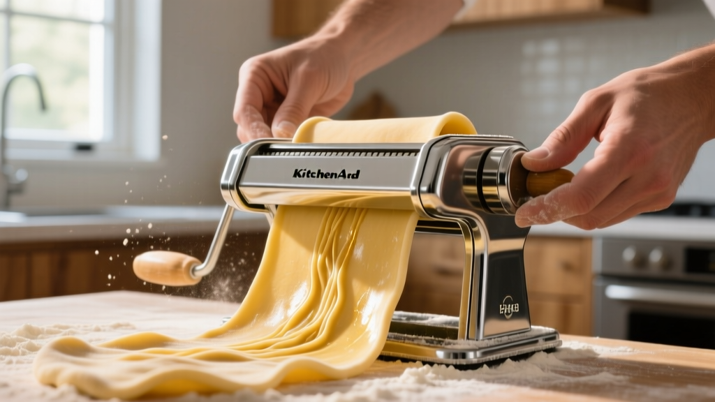 Hands feeding a sheet of golden egg pasta dough through a KitchenAid 3-piece pasta roller attachment set to thickness number four