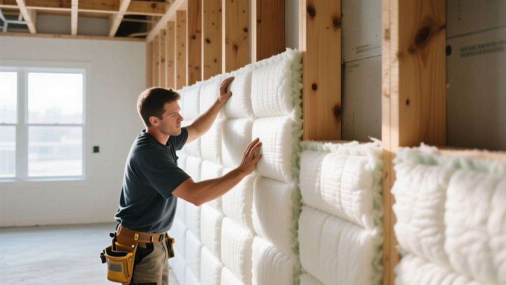Contractor carefully fitting unfaced fiberglass batts between wooden wall studs, ensuring zero compression to maintain optimal thermal R-value.
