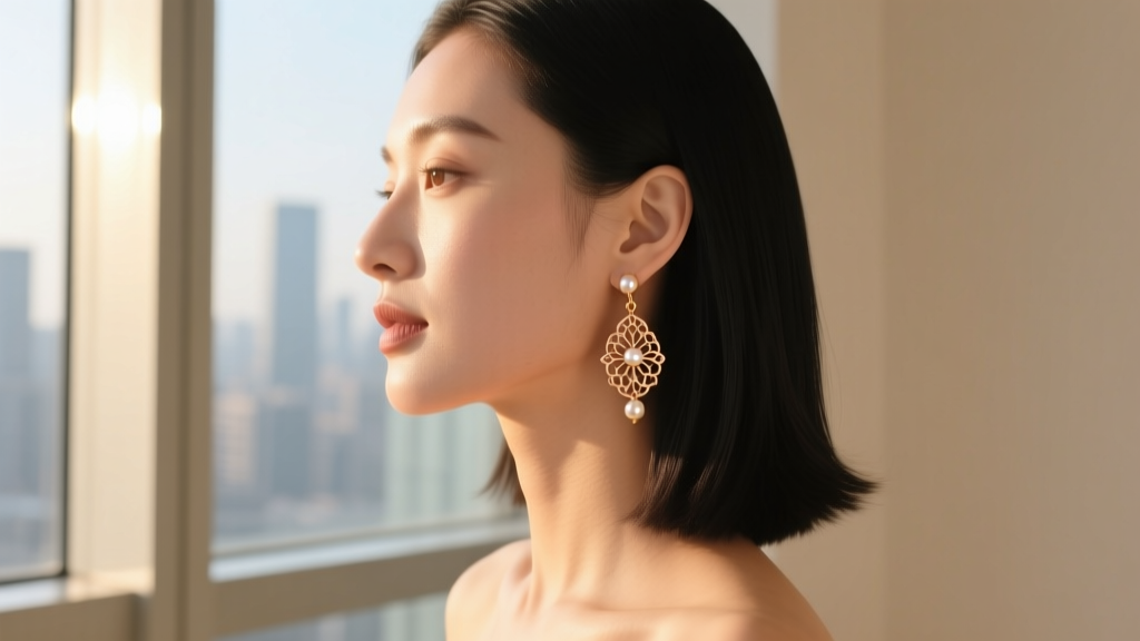 Side profile of woman wearing delicate 10k rose gold drop earrings, catching natural window light to highlight the metal