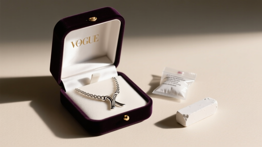 Open velvet box containing a silver K necklace wrapped in anti-tarnish tissue, placed next to a small silica gel packet and chalk.