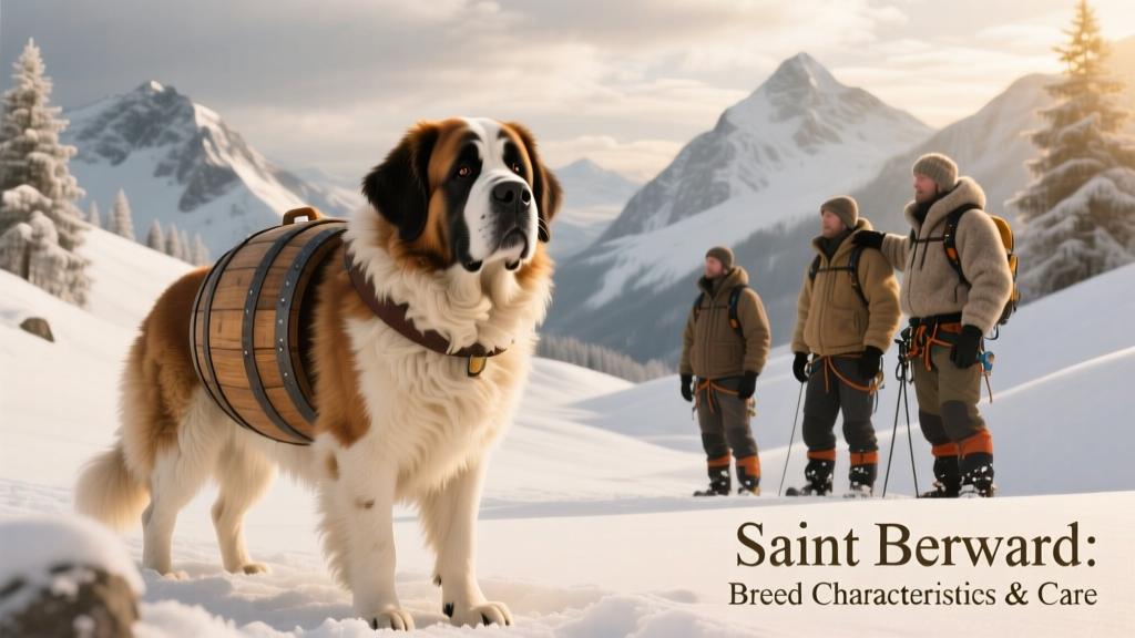 A Saint Bernard wearing a traditional rescue barrel, standing beside rescuers in snowy Alpine terrain