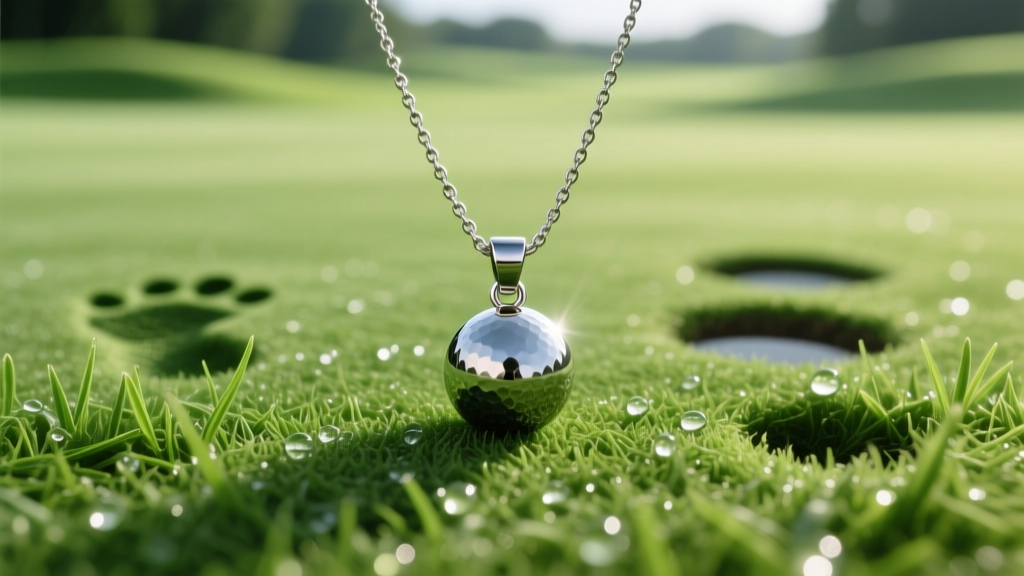 Macro shot of titanium golf necklace with detachable magnetic ball marker pendant resting on a pristine green putting surface