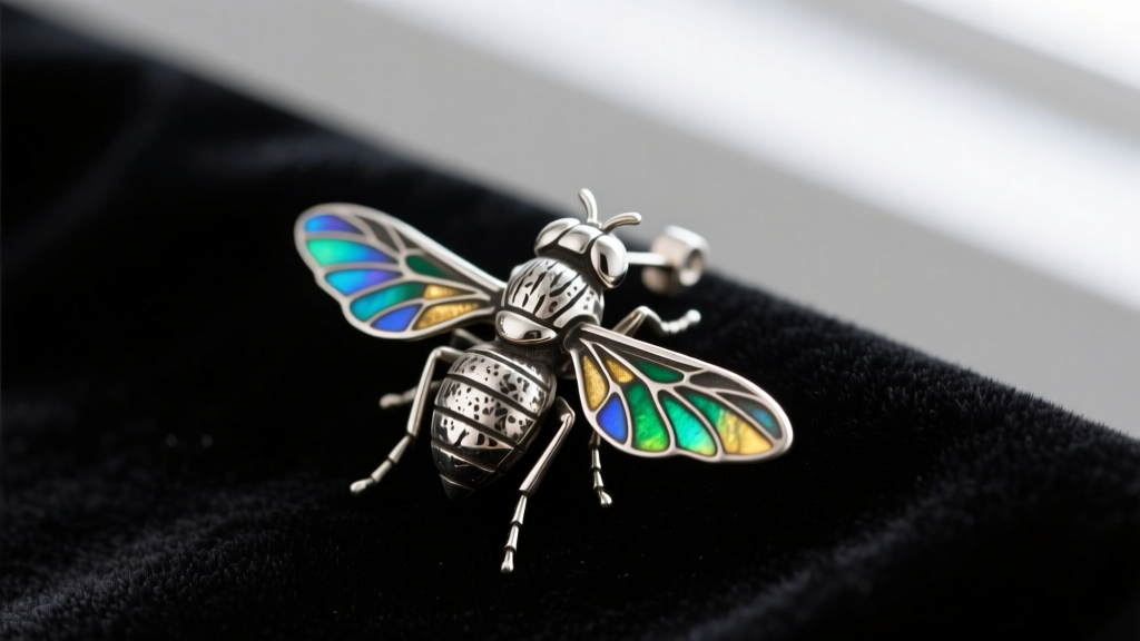 Macro photography of an oxidized sterling silver housefly earring with iridescent enamel wings resting on dark velvet fabric