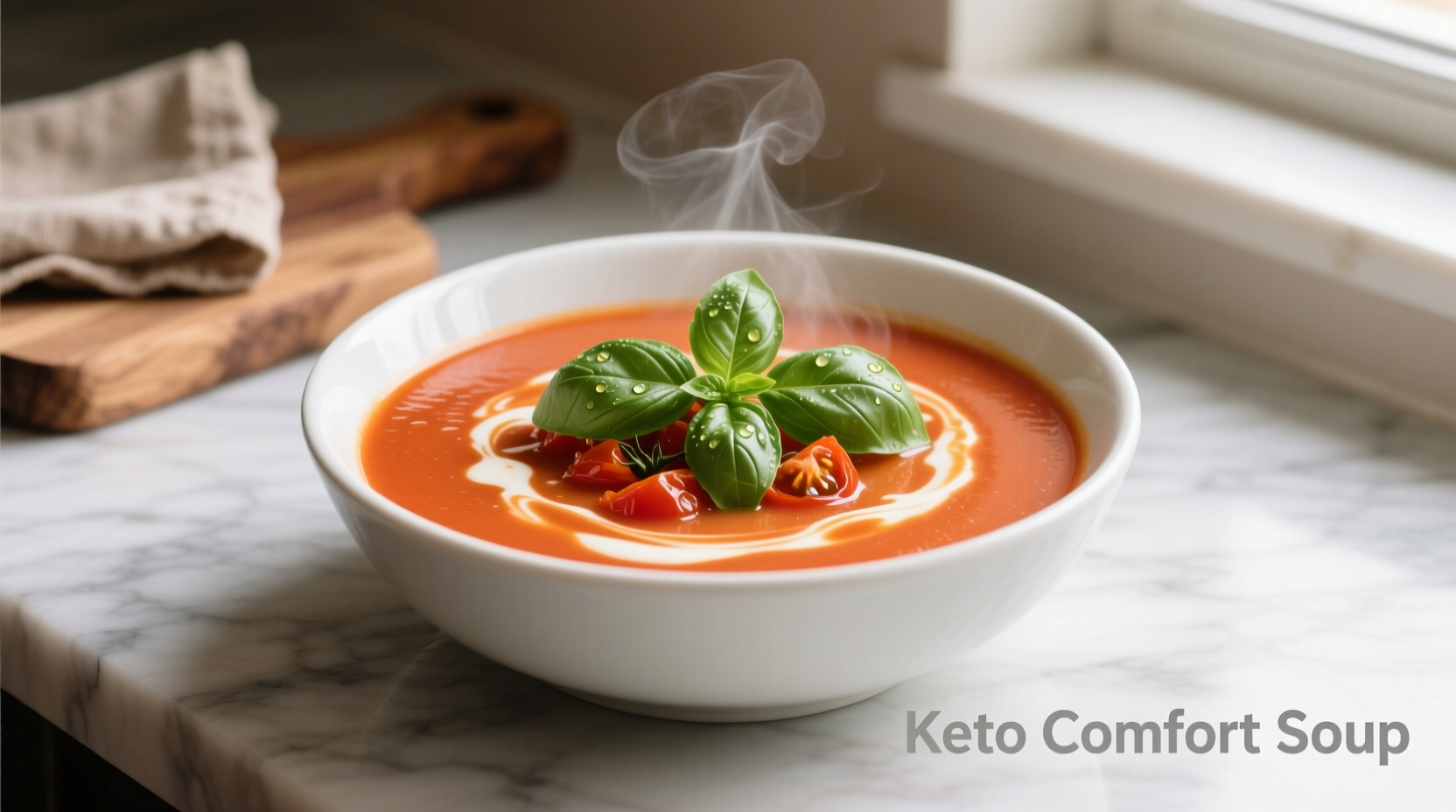 Creamy keto tomato soup in white bowl with fresh basil