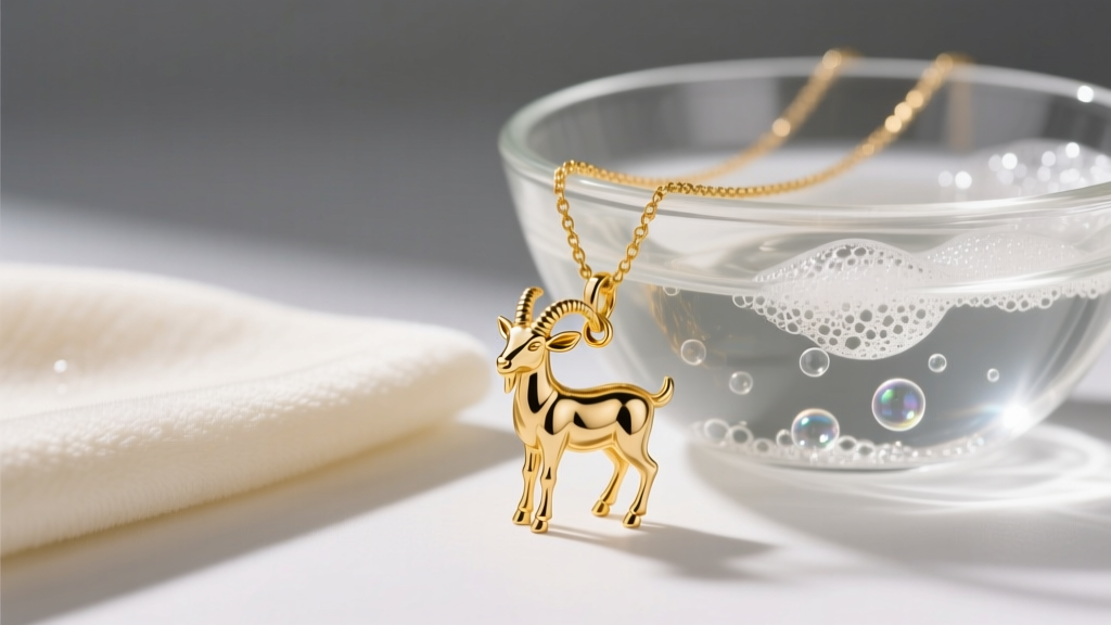 14k gold goat charm necklace on a microfiber cloth next to a glass bowl of soapy water, bright studio lighting