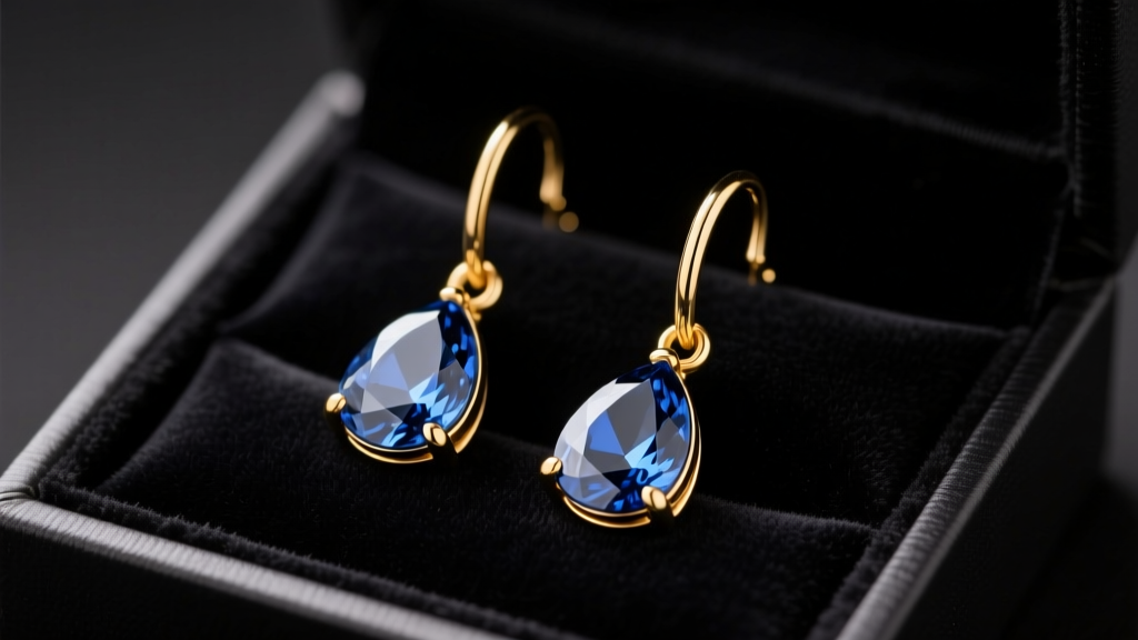 14k gold french hook earrings with teardrop sapphires resting on dark velvet gift box lining under soft, warm studio lighting.