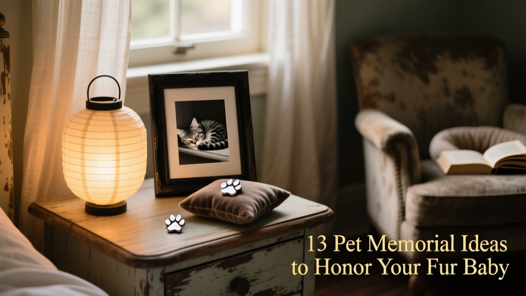 A softly glowing lantern on a wooden nightstand, next to a framed photo of a sleeping tabby cat and a small paw-print charm