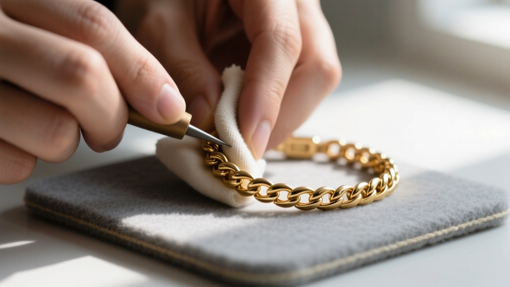 Hands polishing a delicate 12k gold filled figaro bracelet with a microfiber cloth over a soft gray felt jeweler workbench pad.