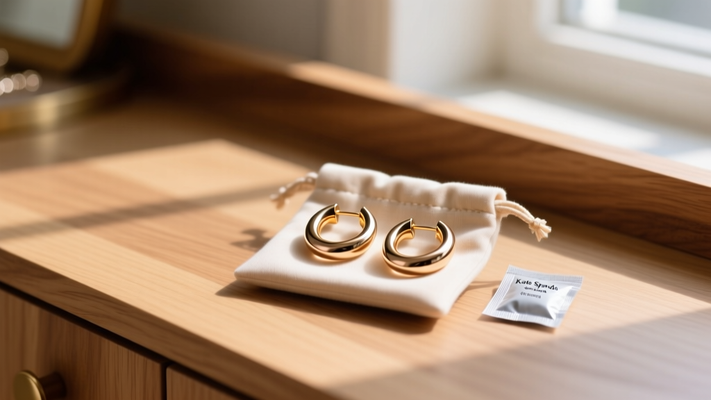 Kate Spade hoop earrings stored in an anti-tarnish microfiber pouch next to a silica gel packet on a light oak jewelry vanity.