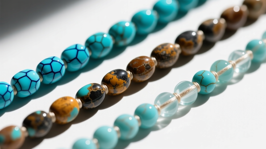 Three strands of turquoise beads showing different matrix patterns: spiderweb Kingman, brown Royston, and clear Sleeping Beauty.