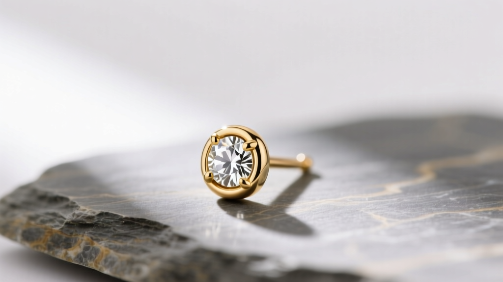 Close-up of a delicate 14k solid gold 3mm bezel-set diamond mini stud earring resting on textured slate, soft studio lighting.