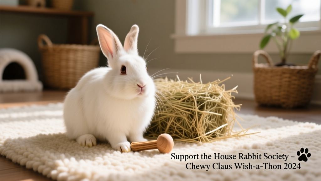 A gentle, healthy house rabbit sitting calmly on a soft rug beside a hay pile and chew toy