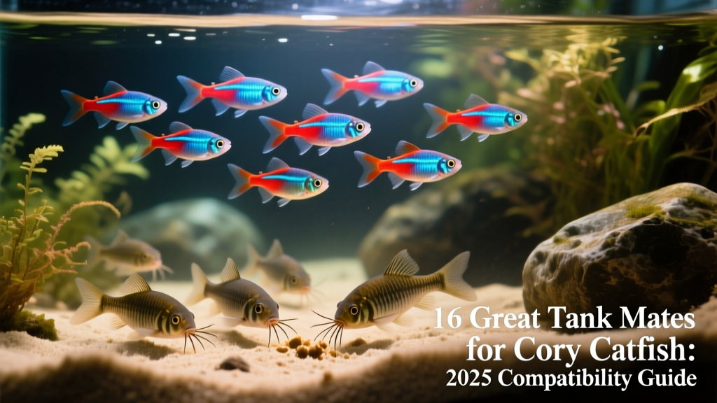 School of vibrant neon tetras swimming mid-water above a group of cory catfish foraging along the sandy substrate