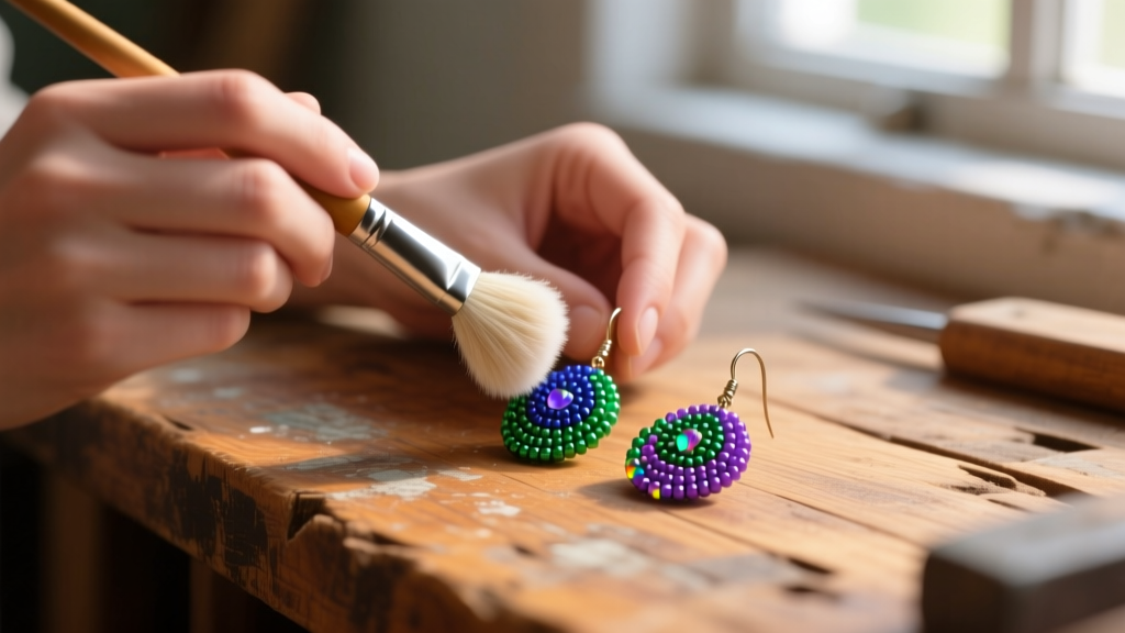Hands using a soft microfiber brush to gently dust delicate seed bead brick stitch earrings over a rustic wooden workbench.