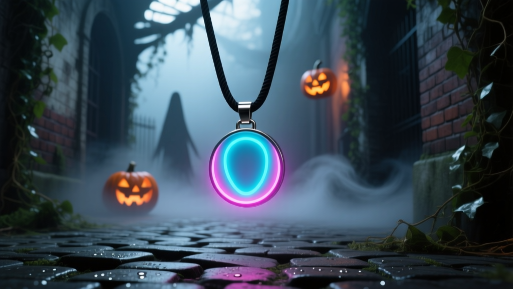 Glowing LED no-scare medallion pendant on a silicone cord, illuminated against a dark, foggy Halloween theme park alleyway