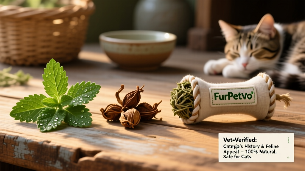 Side-by-side comparison: fresh catnip leaves, dried catnip buds, and a FurPetVo-branded catnip toy in natural fabric
