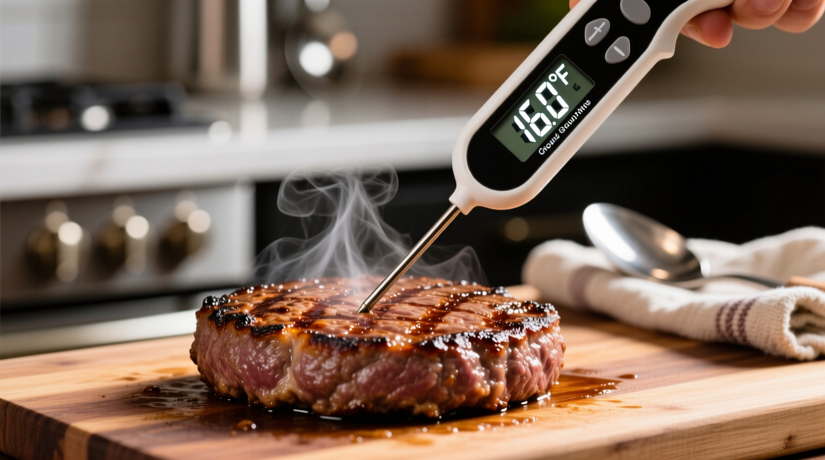 Digital meat thermometer showing 160 degrees in ground beef patty